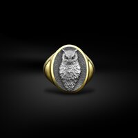 Handmade Owl Bird Engraved Signet Men Ring in Sterling Silver, Oval Owl with Wings Pinky Rings Jewel