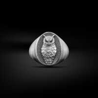 Handmade Owl Bird Engraved Signet Men Ring in Sterling Silver, Oval Owl with Wings Pinky Rings Jewel
