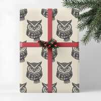 Elegant Cream Owl Wrapping Paper with Plaid Scarf Woodsy Luxury Christmas Gift Wrap