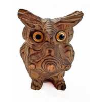 Mid Century Japanese Carved Shou Sugi Ban Wood Owl, Owl Figurine, Folk Art Carved Wood Owl