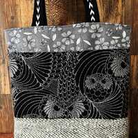 XL Market Tote ~ Silver Owls with Handspun and Handwoven Wool