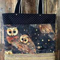 XL Market Tote ~ Klimt Golden Owls with Handspun and Handwoven Wool