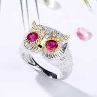 Sterling Silver Owl Ring, Ruby Eyes, Diamond Brow, Handmade