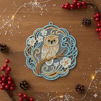 FSL Owl, Golden Perch - Free Standing Lace Machine Embroidery Designs Instant Download 4x4-hoop SCA0
