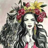 Watercolor painting illustration of girl with owl and flowers original art