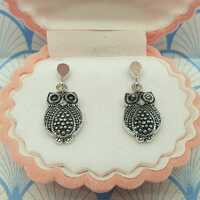 Vintage 925 Sterling Silver Owl Bird Drop Earrings With Box