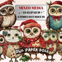 Christmas Owl Doll Mixed Media Clipart, Retro Xmas Owls Fussy Cut Collage Sheet, Paper Doll Cut Out