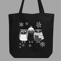Sac tote noir hivernal avec imprimé de hibous frileux en coton bio – Cadeau idéa