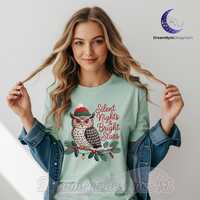 Silent Nights & Bright Stars Owl PNG, Vintage Christmas Embroidery Design, Cozy Winter Bird Art,