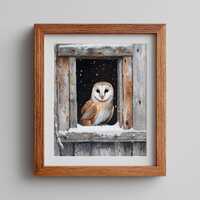 Rustic Barn Owl in Snowy Window - Moody Winter Printable Wall Art, Farmhouse Wildlife Decor, Cozy Di