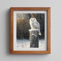 Snowy White Owl on Frosty Fencepost - Moody Winter Wildlife Printable Art, Rustic Cabin Decor, Seren