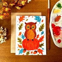 Watercolor Fall Owl Greeting Card • Autumn Pumpkin Art