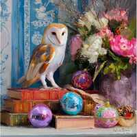 Grandmillennial art, Barn Owl and Christmas baubles, Cozy Christmas art