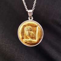 Athenian Owl Coin Pendant, 18k Gold Plated Sterling Silver Necklace