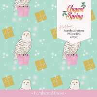 Snowy Owl Seamless Pattern | Mint Blue Christmas Digital Paper | Pink Gift & Snowflake Holiday D