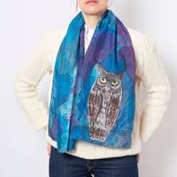 Owl Scarf Hand Painted Blue Silk Scarf Horned Owl Galaxy Print Bird Scarf Owl Xmas Gift 54X14