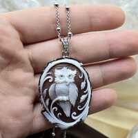 Owl Cameo Necklace: Hand-Carved Sardonyx Shell, Sterling Silver 925 Bead Chain