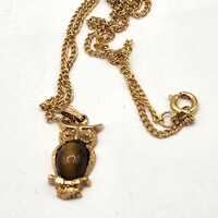 Vintage Gold Tone Tiger Eye Owl Pendant Necklace