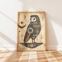 Rustic Owl Wall Art - Primitive Folk Art Illustration, Tribal Animal Wall Art, Earthy Home Decor