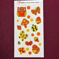 RecyLoves Sticker Sheet / Orange and Yellow Owls and Mushrooms / Groovy