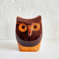 Vintage 4" tall handmade mixed tone wooden owl figurine