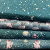 Christmas Winter Moonlight Woodland Print Cotton Fabric: Robin, Owl, Fox, Moon, Hedgehog on teal
