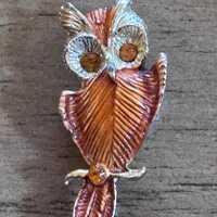 Vintage Enamel Owl Brooch &ndash; Brown and Gold Owl Pin