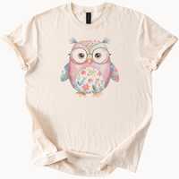 Cute owl graphic t shirt with floral print pastel blue wings soft cotton tee animal lover unique sty