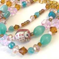 Multi strand artisans beaded bracelet: Owl lovers, stocking suffer gift for her, Boho jewelry