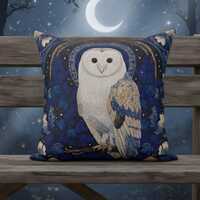 Celestial Barn Owl Woodland Animal Pillow, Blue Botanical Cottagecore Cushion, Whimsigoth Bird Art D