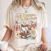 Merry Christmas Ya Filthy Muggle Tee, Owl and Gift Graphic Top, Wizard Holiday Design, Cozy Festive 