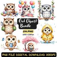 Owl Clipart Bundle | 24 Woodland Owl PNGs | Watercolor Forest Bird Illustrations for Sticker