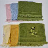 VTG MCM Hand Towels Avocado Green Owl Fringe Mustard Yellow USA Mid Century Deco