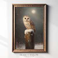 Barred Owl Printable Wall Art | Moonlit Winter Owl Painting | Woodland Cottagecore Decor | Snowy Wil