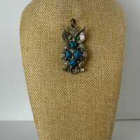 Vintage Silver Tone Owl Pendant with Faux Turquoise Stones