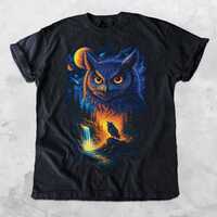 Cosmic Owl Forest T Shirt, Neon Nocturnalcore Wildlife Tee, Astral Waterfall Night Sky Graphic