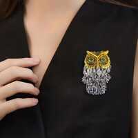 Owl Tassel Brooch &bull; Rhinestone Crystal Bird Pin &bull; Gold & Silver Metal Lapel Badge &bul