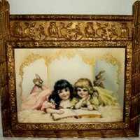 Antique VICTORIAN Wall Pocket Gilt Wood Owls Little Girls Magazine Rack Hanging 1890s Sheet Music