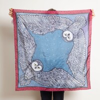 Owl Scarf Hand Painted Blue Silk Square Scarf Bird Wings Owl Xmas Gift 35X35