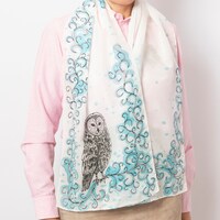 Hand Painted White Silk Scarf Owl Print Winter Scarf Owl Xmas Gifts 57X16