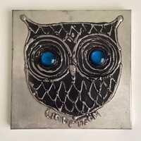 Vintage Pewter Owl Plaque by Sven Lindstrom for Viken Studio Blue Glass Eyes