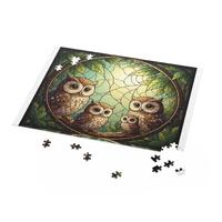Adorable Owl Family Stained Glass Art Jigsaw Puzzle (120, 252, 500 Piece)  Bright Nature-Inspired De