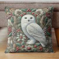 Snowy Owl Winter Botanical Pillow, William Morris Inspired Art Cushion for Cozy Home Decor