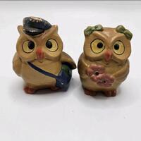 Vintage Porcelain Owl Figurines &ndash; Hand-Painted Postman & Lady Pair