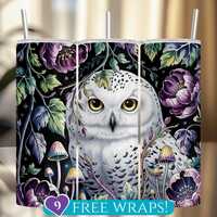 Mystic Forest Snowy Owl Tumbler Wrap: Dark Floral 20 Oz Skinny Tumbler Sublimation PNG, Magical Mush