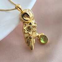 18k Gold Sitting Owl Pendant with peridot - Peridot gemstone jewelry - Gift for her - Barn owl gift 