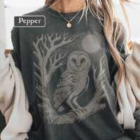 Owl Moon T-Shirt, Vintage Woodland Night Bird Tee, Mystical Forest Graphic Top, Boho Nature Comfort 