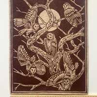 Hand Printed Back Patch - Owls in the Oak Tree