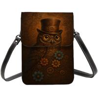 Steampunk Owl Cell Phone Crossbody or Shoulder Bag, Vintage Gears PU Leather