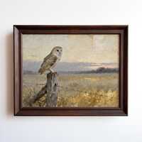 Vintage Barn Owl Painting on Fence Post, Antique Style Wildlife Art Print – Framed or Unframed